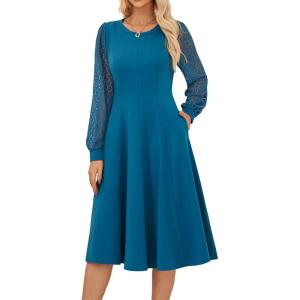 imageGRACE KARIN Womens 2025 Casual Long Lace Sleeve Dresses Summer Flowy Crewneck A Line Plain Midi Dress with PocketsPeacock Blue