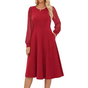 imageGRACE KARIN Womens 2025 Casual Long Lace Sleeve Dresses Summer Flowy Crewneck A Line Plain Midi Dress with PocketsWine Red