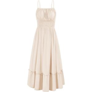 imageGRACE KARIN Womens 2025 Summer Dress Casual Sleeveless Spaghetti Strap Smocked Ruffle Beach Long Maxi Dress with PocketsApricot