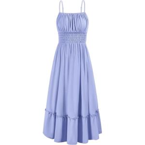 imageGRACE KARIN Womens 2025 Summer Dress Casual Sleeveless Spaghetti Strap Smocked Ruffle Beach Long Maxi Dress with PocketsBlue Grey