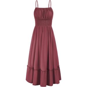 imageGRACE KARIN Womens 2025 Summer Dress Casual Sleeveless Spaghetti Strap Smocked Ruffle Beach Long Maxi Dress with PocketsBrick Red