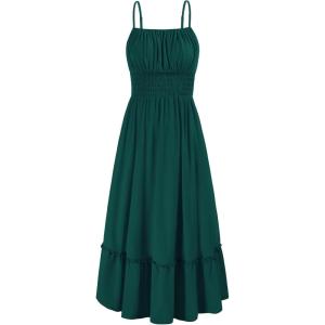 imageGRACE KARIN Womens 2025 Summer Dress Casual Sleeveless Spaghetti Strap Smocked Ruffle Beach Long Maxi Dress with PocketsGreen