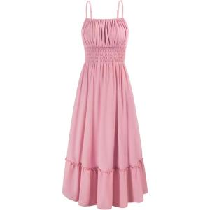 imageGRACE KARIN Womens 2025 Summer Dress Casual Sleeveless Spaghetti Strap Smocked Ruffle Beach Long Maxi Dress with PocketsLight Pink