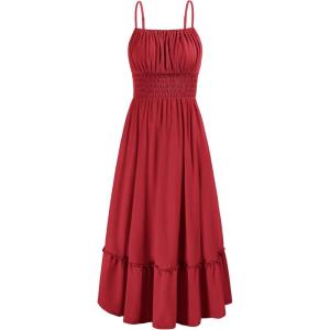 imageGRACE KARIN Womens 2025 Summer Dress Casual Sleeveless Spaghetti Strap Smocked Ruffle Beach Long Maxi Dress with PocketsRed
