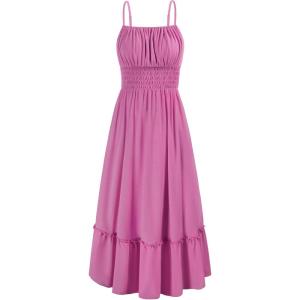 imageGRACE KARIN Womens 2025 Summer Dress Casual Sleeveless Spaghetti Strap Smocked Ruffle Beach Long Maxi Dress with PocketsRose Red