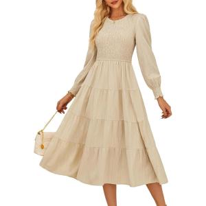 imageGRACE KARIN Womens Fall Long Sleeve Dresses 2025 Wedding Guest Midi Dress Smocked A Line Flowy Dresses with PocketsApricot