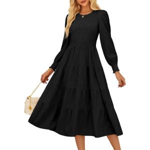 imageGRACE KARIN Womens Fall Long Sleeve Dresses 2025 Wedding Guest Midi Dress Smocked A Line Flowy Dresses with PocketsBlack