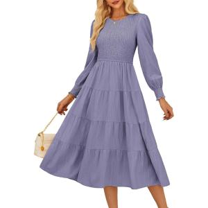 imageGRACE KARIN Womens Fall Long Sleeve Dresses 2025 Wedding Guest Midi Dress Smocked A Line Flowy Dresses with PocketsPurple