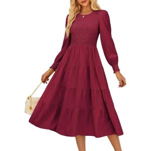 imageGRACE KARIN Womens Fall Long Sleeve Dresses 2025 Wedding Guest Midi Dress Smocked A Line Flowy Dresses with PocketsWine Red