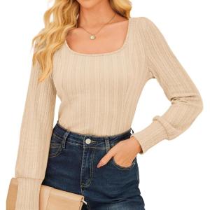 imageGRACE KARIN Womens Fall Long Sleeve Trendy Tops 2025 Square Neck Ribbed Casual Shirts Cozy Basic SweaterApricot