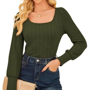 imageGRACE KARIN Womens Fall Long Sleeve Trendy Tops 2025 Square Neck Ribbed Casual Shirts Cozy Basic SweaterArmy Green