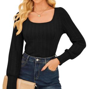 imageGRACE KARIN Womens Fall Long Sleeve Trendy Tops 2025 Square Neck Ribbed Casual Shirts Cozy Basic SweaterBlack