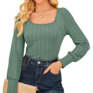 imageGRACE KARIN Womens Fall Long Sleeve Trendy Tops 2025 Square Neck Ribbed Casual Shirts Cozy Basic SweaterGray Green