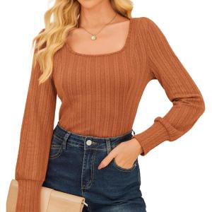 imageGRACE KARIN Womens Fall Long Sleeve Trendy Tops 2025 Square Neck Ribbed Casual Shirts Cozy Basic SweaterOrange