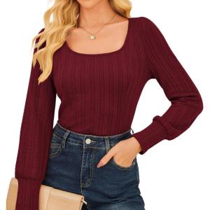 imageGRACE KARIN Womens Fall Long Sleeve Trendy Tops 2025 Square Neck Ribbed Casual Shirts Cozy Basic SweaterWine Red