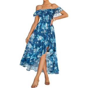 imageGRACE KARIN Womens Floral Print Maxi Dress Off Shoulder Smocked A Line Flowy Ruffle Wedding Guest Dresses with PocketsBlue Flower
