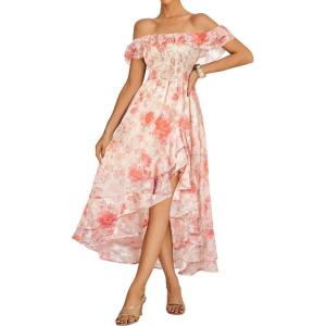 imageGRACE KARIN Womens Floral Print Maxi Dress Off Shoulder Smocked A Line Flowy Ruffle Wedding Guest Dresses with PocketsOrange Flower