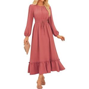 imageGRACE KARIN Womens Long Sleeve Maxi Dresses 2025 Flowy Fall Dresses Casual Crew Neck Dress Elastic Waist with PocketsBegonia Red