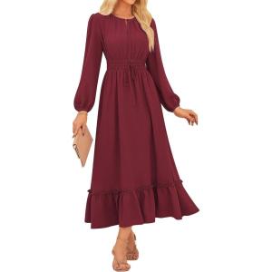 imageGRACE KARIN Womens Long Sleeve Maxi Dresses 2025 Flowy Fall Dresses Casual Crew Neck Dress Elastic Waist with PocketsCherry Red