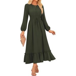 imageGRACE KARIN Womens Long Sleeve Maxi Dresses 2025 Flowy Fall Dresses Casual Crew Neck Dress Elastic Waist with PocketsOlive Green