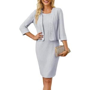 imageGRACE KARIN Womens Sequin Lace Dress with Jacket 34 Sleeve Two Piece Mother of The Bride Dresses Formal Wedding Guest DressSilver Grey