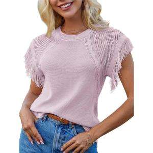 imageGRACE KARIN Womens Sleeveless Sweater Vest Fringe Cap Sleeve Sweater Casual Crew Neck Loose Fit Pullover Tank Tops S2XLPink