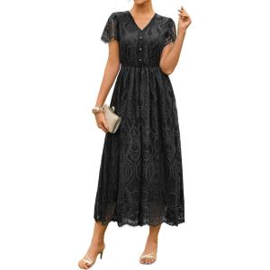 imageGRACE KARIN Womens V Neck Short Sleeve Buttons Floral Lace Wedding Dress Bridesmaid Cocktail Party Maxi DressBlack