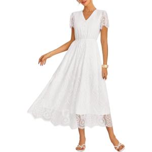 imageGRACE KARIN Womens V Neck Short Sleeve Buttons Floral Lace Wedding Dress Bridesmaid Cocktail Party Maxi DressWhite