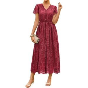 imageGRACE KARIN Womens V Neck Short Sleeve Buttons Floral Lace Wedding Dress Bridesmaid Cocktail Party Maxi DressWine Red
