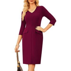 imageGRACE KARIN Womens Work Dress 34 Sleeve V Neck Bodycon Sheath Office Business Cocktail DressWine Red