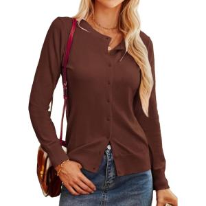 imageGRACE KARIN Womens Long Sleeve Button Down Crew Neck Classic Sweater Knit CardiganCoffee Brown