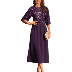 imageGRACE KARIN Mother of Bride Dresses 2025 34 Sleeve Sequin Dress Maxi Elegant Wedding Guest Dress Formal CocktailDark Purple