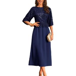 imageGRACE KARIN Mother of Bride Dresses 2025 34 Sleeve Sequin Dress Maxi Elegant Wedding Guest Dress Formal CocktailNavy Blue