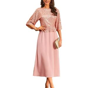 imageGRACE KARIN Mother of Bride Dresses 2025 34 Sleeve Sequin Dress Maxi Elegant Wedding Guest Dress Formal CocktailRose Pink