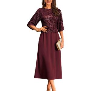 imageGRACE KARIN Mother of Bride Dresses 2025 34 Sleeve Sequin Dress Maxi Elegant Wedding Guest Dress Formal CocktailWine Red