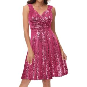 imageGRACE KARIN Womens Sleeveless Wrap VNeck Aline Bridesmaid Cocktail Party DressRose Redsequin