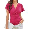 imageGRACE KARIN 2025 Womens Tops Summer Wrap Blouse V Neck Ruffle Sleeve Dressy Casual Top Ruched Trendy ClothesRose Red
