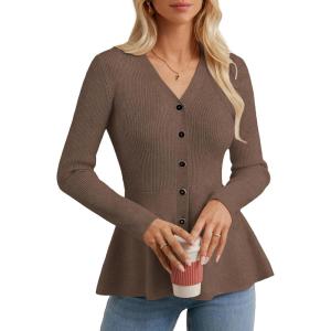 imageGRACE KARIN Long Sleeve Cardigan Sweaters for Women Button Up Knit Blazer Lightweight Business Casual Peplum TopsBrown