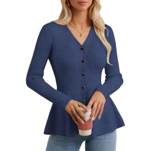 imageGRACE KARIN Long Sleeve Cardigan Sweaters for Women Button Up Knit Blazer Lightweight Business Casual Peplum TopsGrey Blue