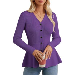 imageGRACE KARIN Long Sleeve Cardigan Sweaters for Women Button Up Knit Blazer Lightweight Business Casual Peplum TopsPurple