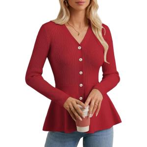 imageGRACE KARIN Long Sleeve Cardigan Sweaters for Women Button Up Knit Blazer Lightweight Business Casual Peplum TopsRed