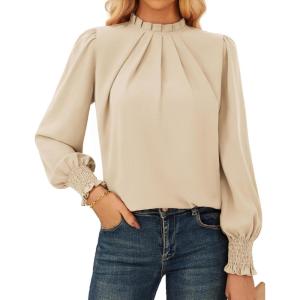 imageGRACE KARIN Women Dressy Long Sleeve Blouse2025 Fall Business Casual TopsPleated Mock Neck Shirts Fashion Work OutfitApricot