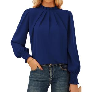imageGRACE KARIN Women Dressy Long Sleeve Blouse2025 Fall Business Casual TopsPleated Mock Neck Shirts Fashion Work OutfitNavy Blue