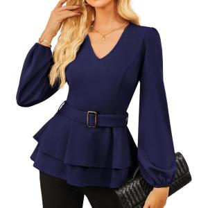 imageGRACE KARIN Women Work Peplum TopsLong Sleeve Dressy Casual BlousesV Neck Business Shirt Fall Outfits with BeltDark Blue