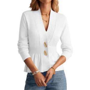 imageGRACE KARIN Women Cardigan Sweaters 2025 FallLong Sleeve Cropped Sweater Coat TrendyButton Front Peplum Tops LightweightBright White