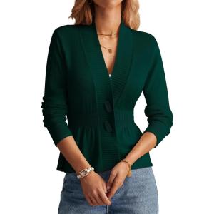 imageGRACE KARIN Women Cardigan Sweaters 2025 FallLong Sleeve Cropped Sweater Coat TrendyButton Front Peplum Tops LightweightDark Green