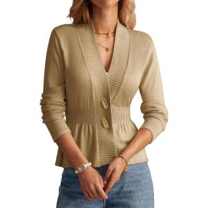 imageGRACE KARIN Women Cardigan Sweaters 2025 FallLong Sleeve Cropped Sweater Coat TrendyButton Front Peplum Tops LightweightKhaki