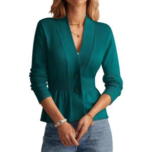 imageGRACE KARIN Women Cardigan Sweaters 2025 FallLong Sleeve Cropped Sweater Coat TrendyButton Front Peplum Tops LightweightPeacock Blue