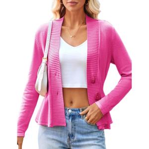 imageGRACE KARIN Women Cardigan Sweaters 2025 FallLong Sleeve Cropped Sweater Coat TrendyButton Front Peplum Tops LightweightRose Red