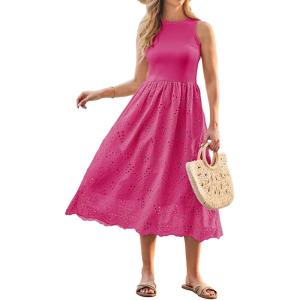 imageGRACE KARIN Womens Summer Sleeveless Tank Dress A Line Midi Dress Eyelet Crewneck Casual Holiday Dress with PocketsRose Pink